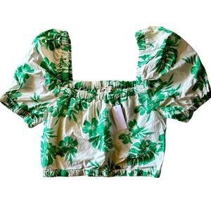 American Eagle White and Green Smocked Crop Blouse Size M NWT